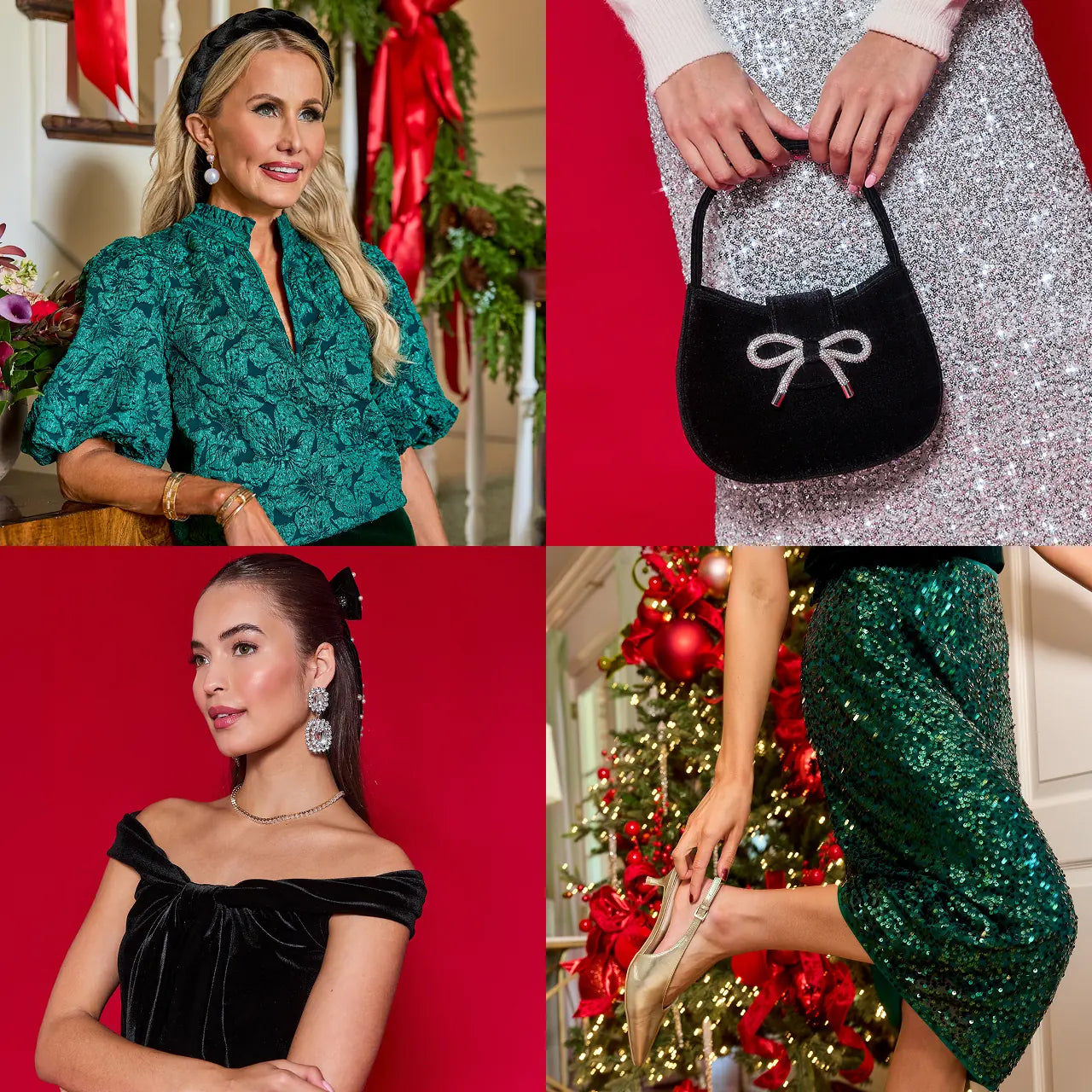 Collage of a woman in festive attire with a focus on clothing and accessories.