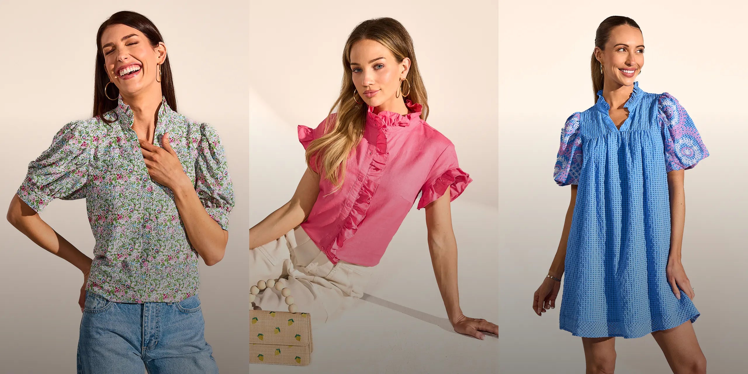 Three women wearing different colored tops with ruffled sleeves on a plain background