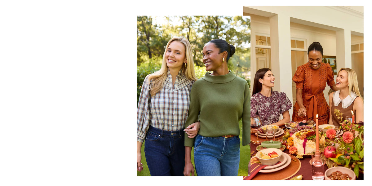A split lifestyle image showing four women in different settings: two outdoors on a grassy lawn, and two indoors at a decorated dining table. The left woman wears a plaid button-up shirt and jeans, the second woman wears a green mock-neck top and jeans, the woman on the right wears a rust-colored wrap dress, and the blonde woman wears a patterned top.
