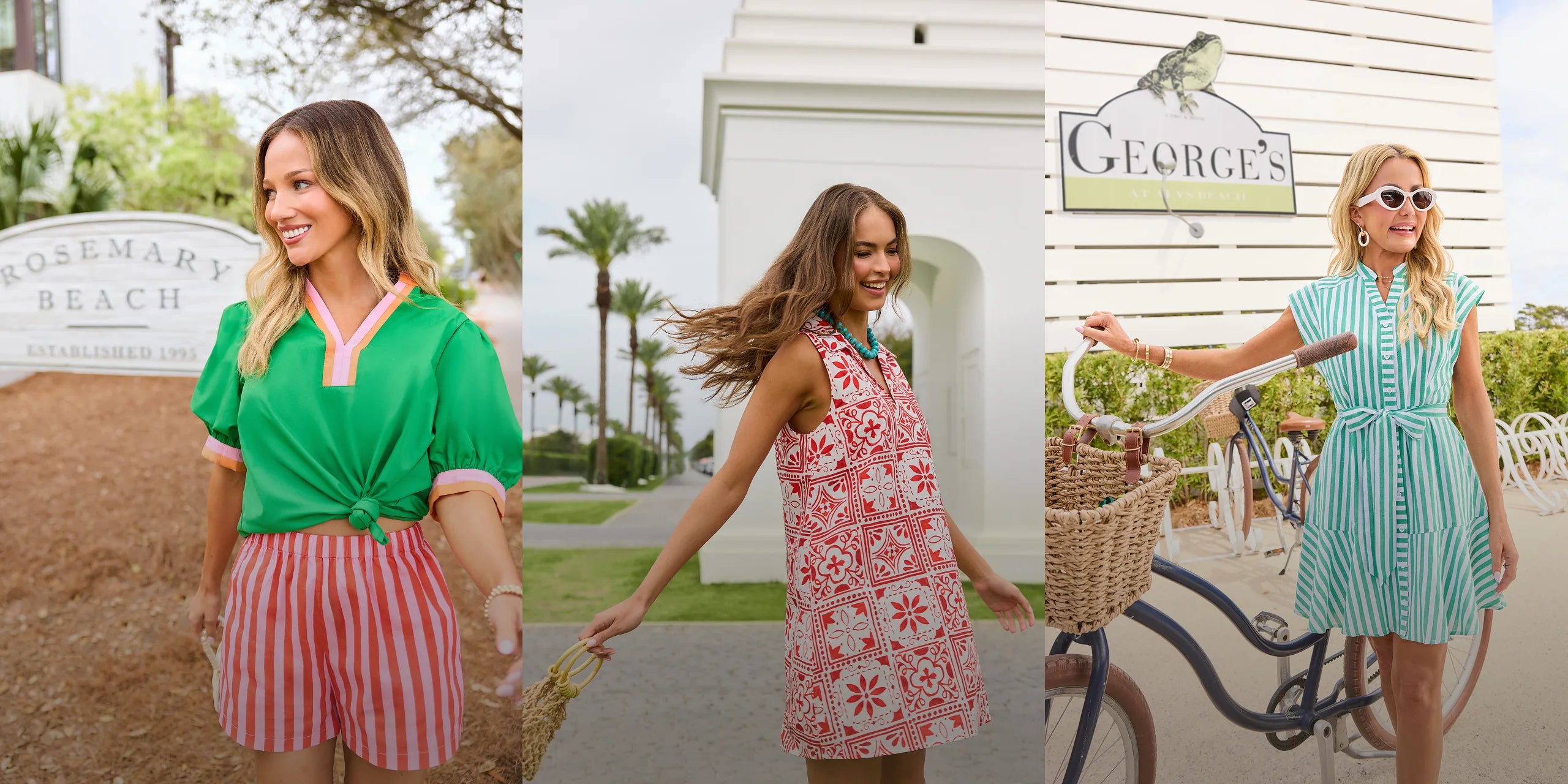 Three women in different outfits standing in front of various signs and landscapes.