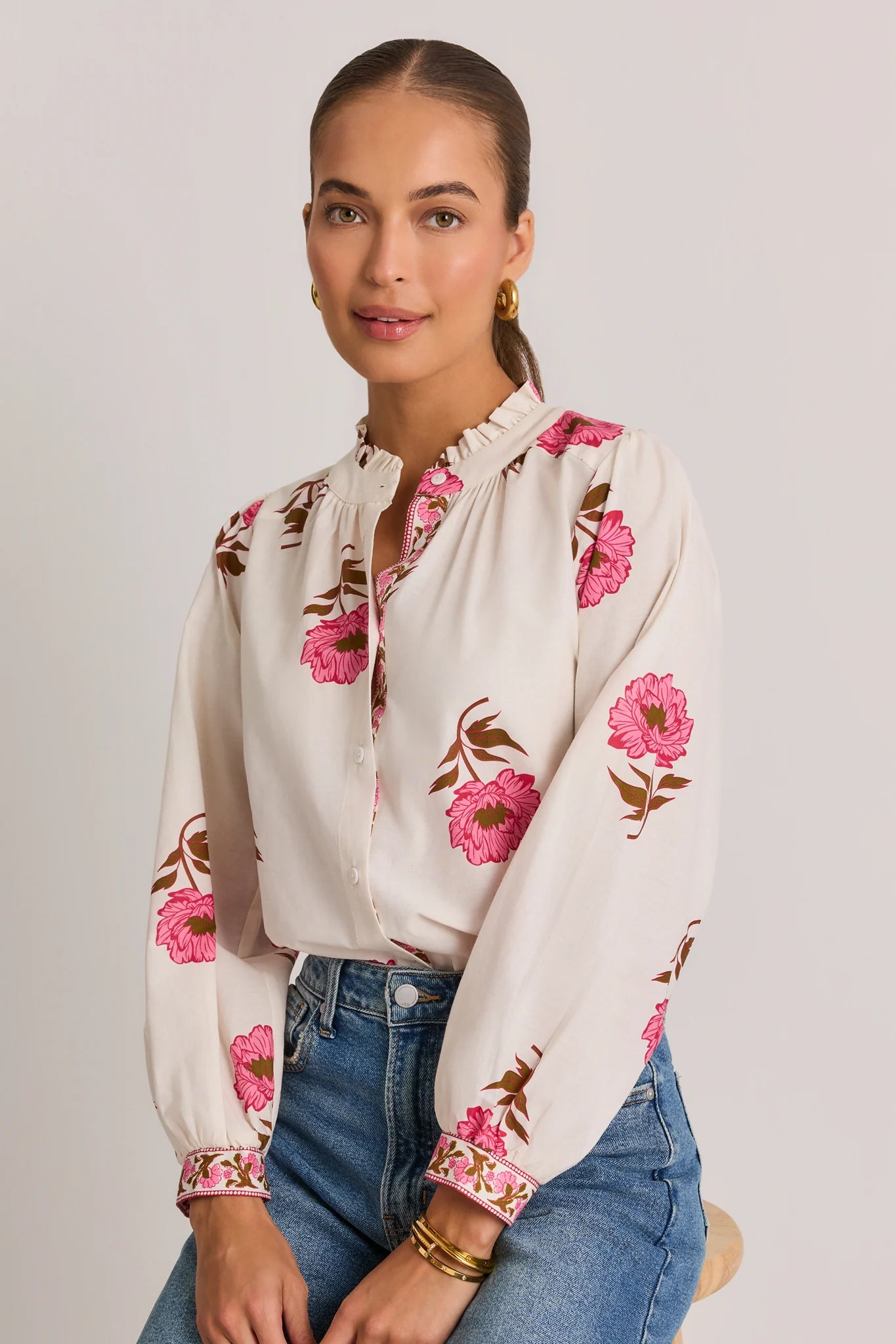 White Floral Button Up Top by THML