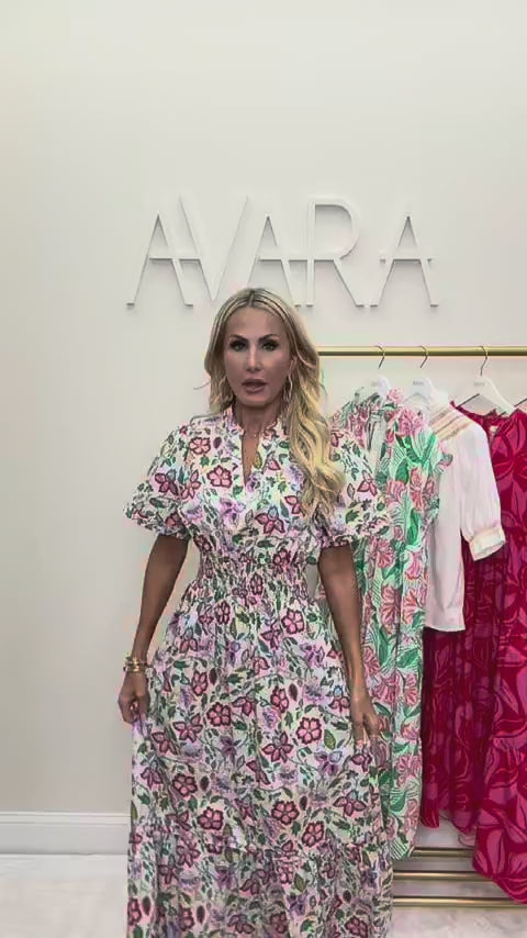 woman wearing isabella multi floral dress