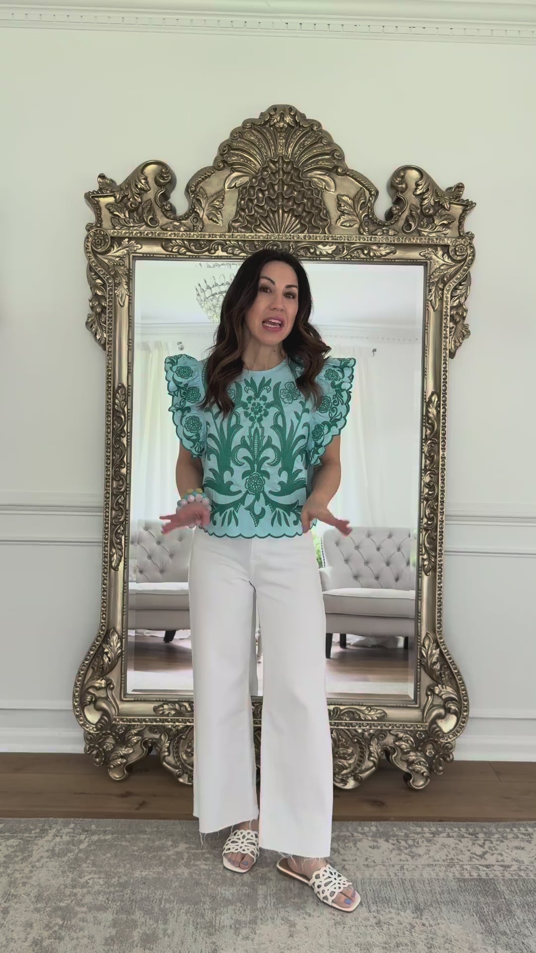 woman wearing blue bradley top