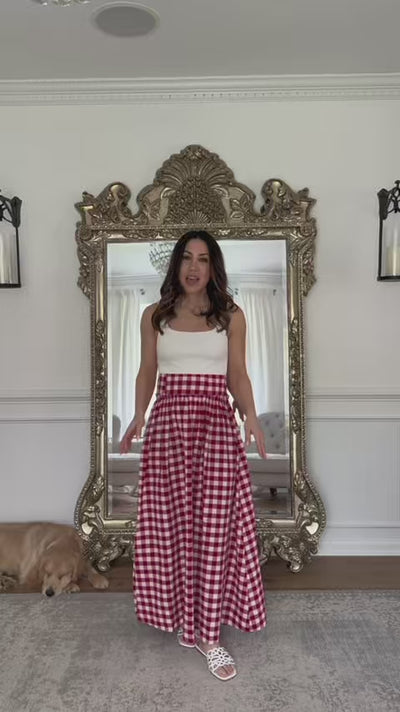 woman wearing allie skirt with mirror in background